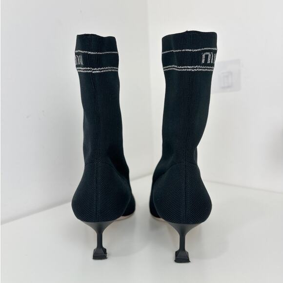 Miu Miu Kitten Heel Sock Boots Shoes Black Logo Pointed Toe EU 37.5 US 7.5 - Picture 3 of 14